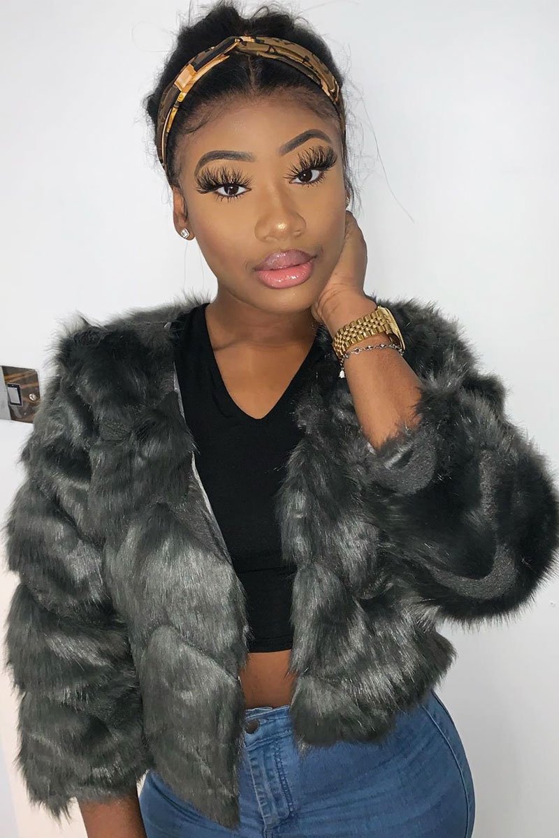 Grey Cropped Faux Fur Jacket - Gwen-Faux Fur