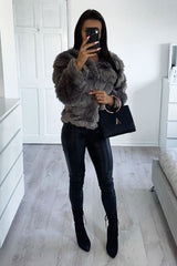 Grey Cropped Faux Fur Jacket - Gwen-Faux Fur
