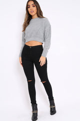 Grey Cropped Knitted Jumper - Hennie-Jumper