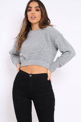Grey Cropped Knitted Jumper - Hennie-Jumper
