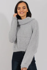 Grey Cropped Roll Neck Jumper - Sophia-Dresses