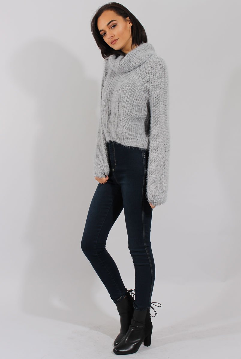 Grey Cropped Roll Neck Jumper - Sophia-Dresses
