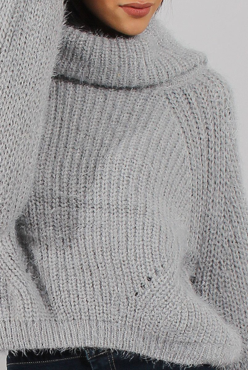 Grey Cropped Roll Neck Jumper - Sophia-Dresses