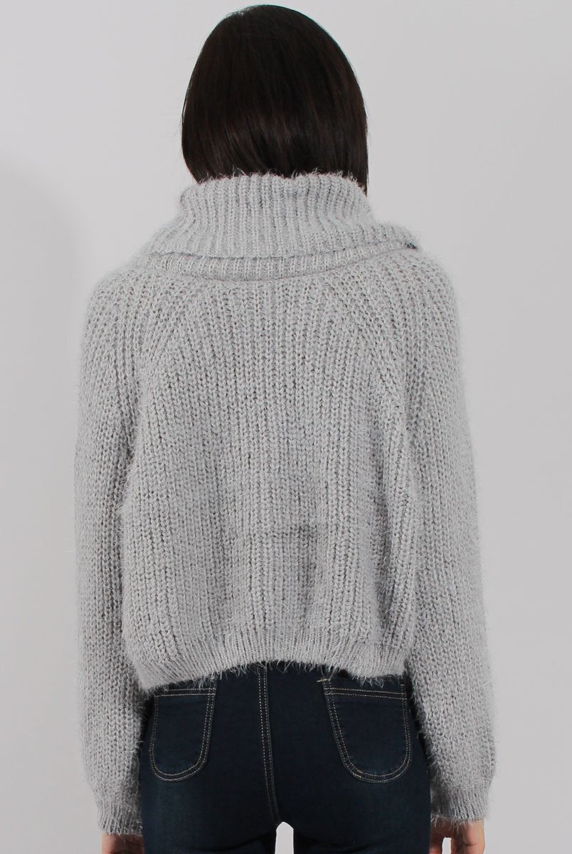 Grey Cropped Roll Neck Jumper - Sophia-Dresses