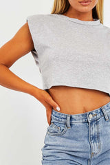 Grey Cropped Shoulder Pad T-shirt - Ivani-T-shirt