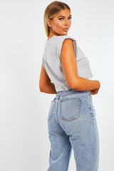 Grey Cropped Shoulder Pad T-shirt - Ivani-T-shirt