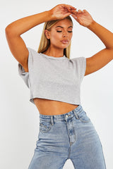 Grey Cropped Shoulder Pad T-shirt - Ivani-T-shirt