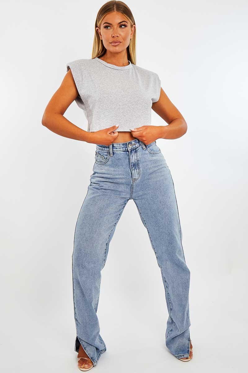 Grey Cropped Shoulder Pad T-shirt - Ivani-T-shirt
