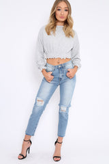 Grey Cropped Sweatshirt with Shirred Elasticated Hems - Lillie-Sweatshirts