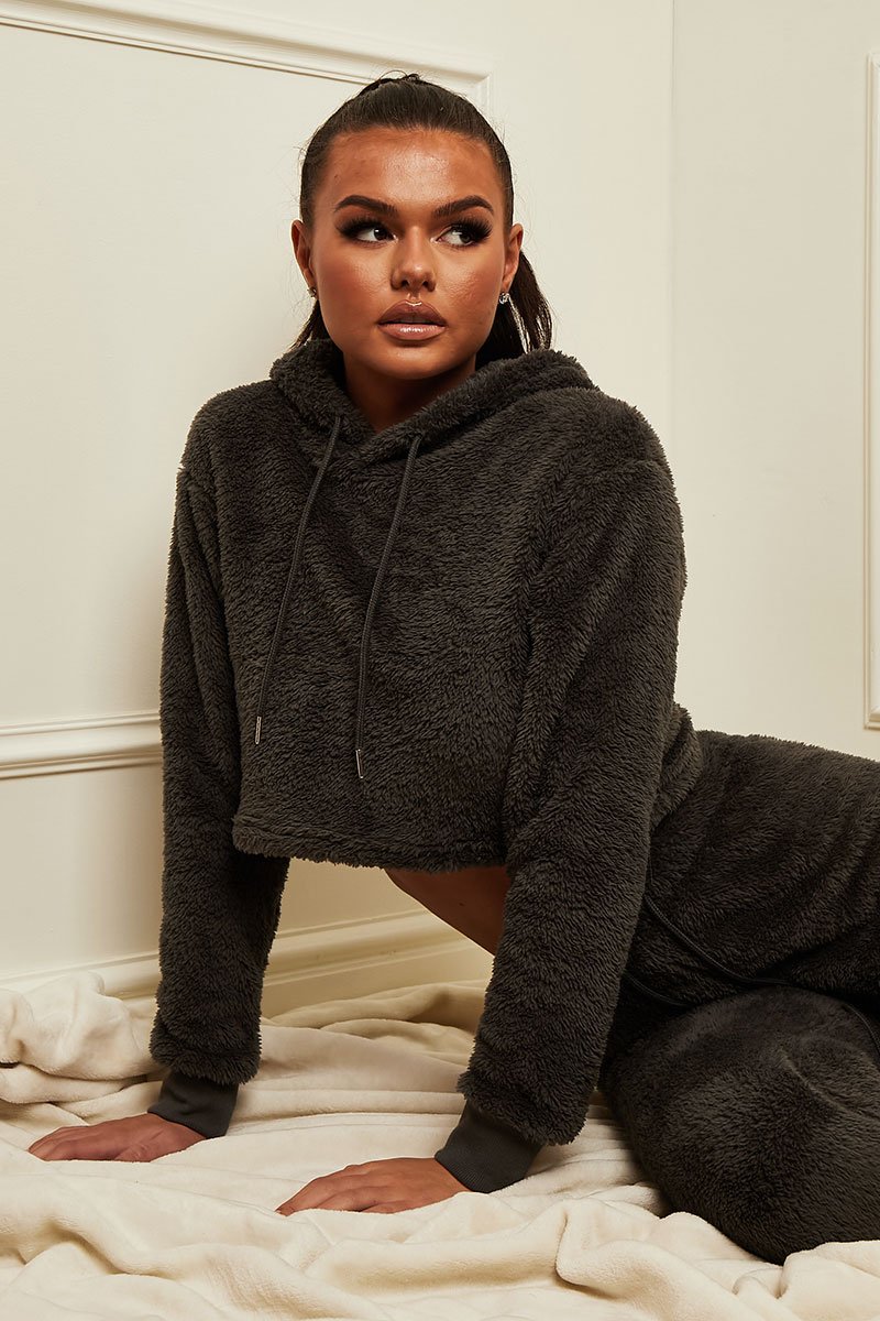 Grey Cropped Teddy Hoodie - Amyia-Hoodies