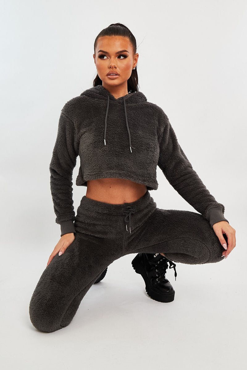 Grey Cropped Teddy Hoodie - Amyia-Hoodies
