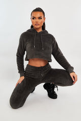 Grey Cropped Teddy Hoodie - Amyia-Hoodies