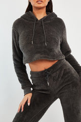 Grey Cropped Teddy Hoodie - Amyia-Hoodies