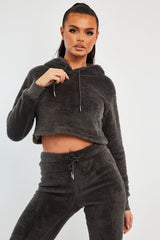 Grey Cropped Teddy Hoodie - Amyia-Hoodies