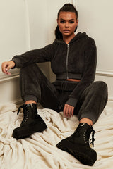 Grey Cropped Teddy Zip Up Hoodie - Cheryl-Hoodies