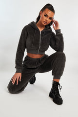 Grey Cropped Teddy Zip Up Hoodie - Cheryl-Hoodies