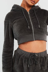Grey Cropped Teddy Zip Up Hoodie - Cheryl-Hoodies