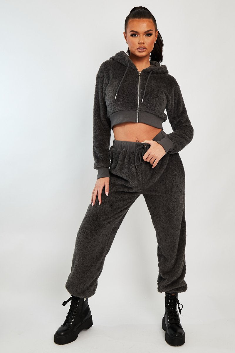 Grey Cropped Teddy Zip Up Hoodie - Cheryl-Hoodies