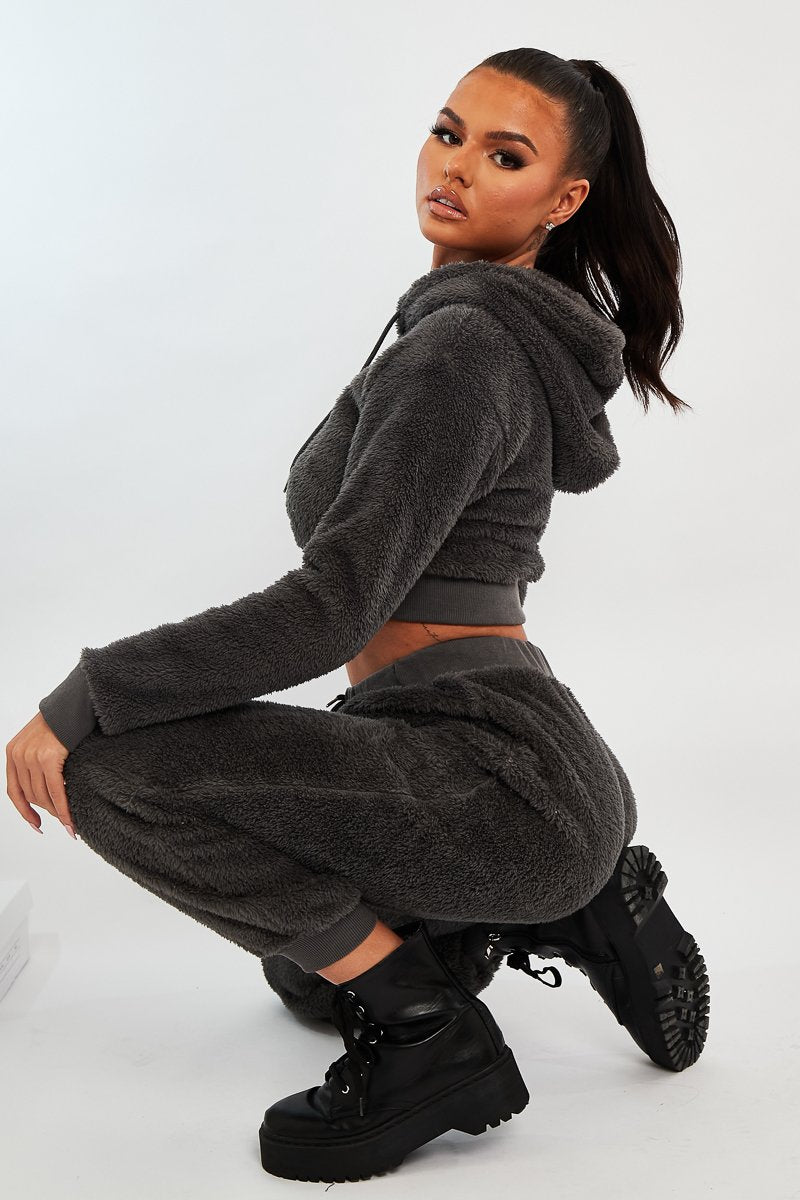 Grey Cropped Teddy Zip Up Hoodie - Cheryl-Hoodies