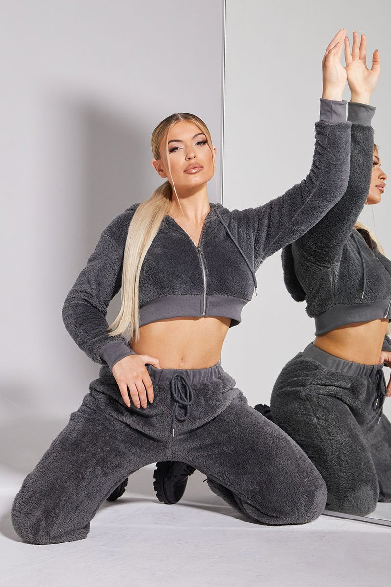 Grey Cropped Teddy Zip Up Hoodie - Cheryl-Hoodies