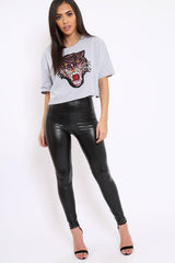 Grey Cropped Tee with Applique Sequin Tiger - Avery-Tops
