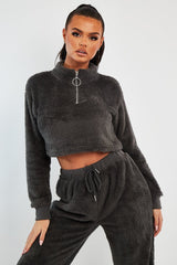 Grey Cropped Zip Front Teddy Jumper - Brady-Jumper