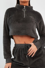 Grey Cropped Zip Front Teddy Jumper - Brady-Jumper