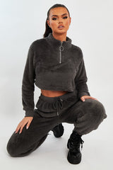 Grey Cropped Zip Front Teddy Jumper - Brady-Jumper