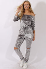 Grey Crushed Velvet Bardot Split Knee Jumpsuit - Binky-Jumpsuits