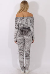 Grey Crushed Velvet Bardot Split Knee Jumpsuit - Binky-Jumpsuits