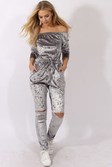 Grey Crushed Velvet Bardot Split Knee Jumpsuit - Binky-Jumpsuits