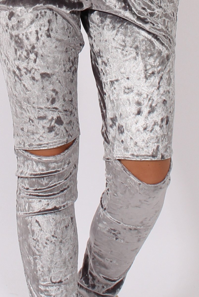 Grey Crushed Velvet Bardot Split Knee Jumpsuit - Binky-Jumpsuits