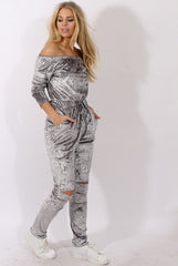 Grey Crushed Velvet Bardot Split Knee Jumpsuit - Binky-Jumpsuits