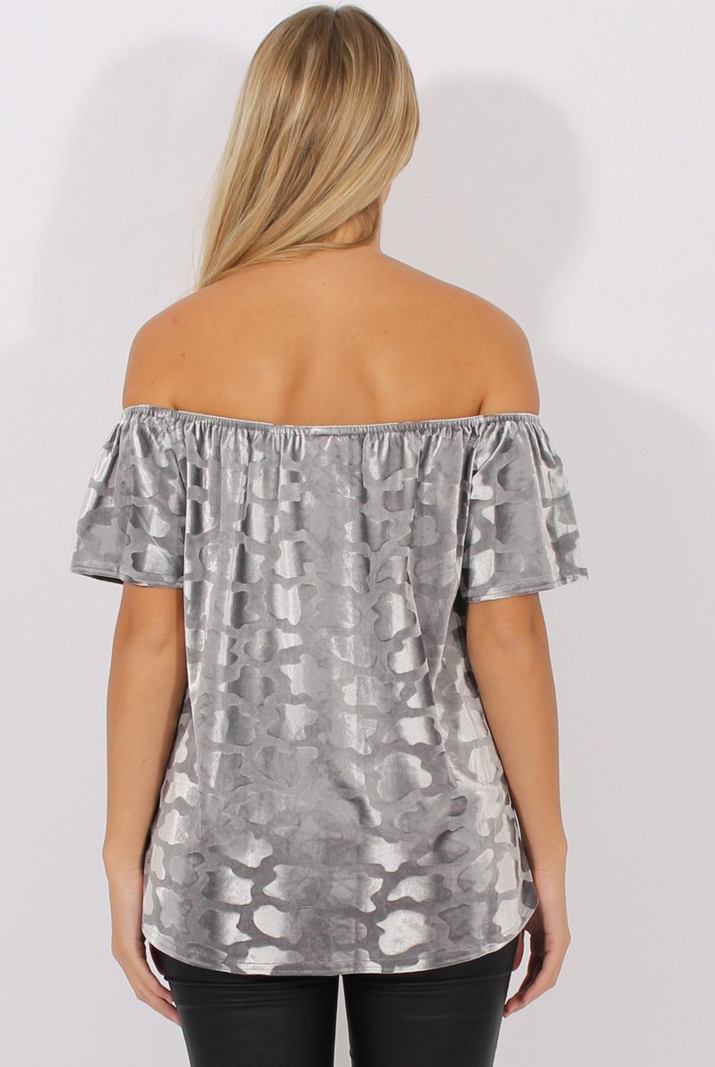 Grey Crushed Velvet Dipped Hem Bardot Top - Eva-Tops