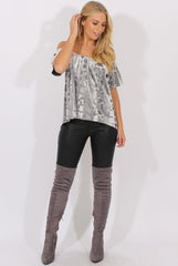 Grey Crushed Velvet Dipped Hem Bardot Top - Eva-Tops