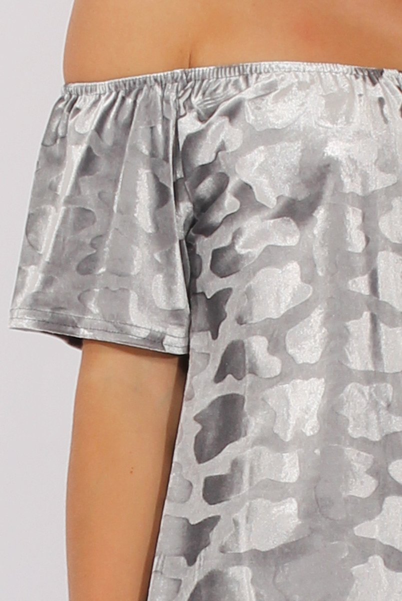 Grey Crushed Velvet Dipped Hem Bardot Top - Eva-Tops