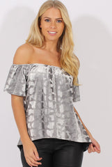Grey Crushed Velvet Dipped Hem Bardot Top - Eva-Tops