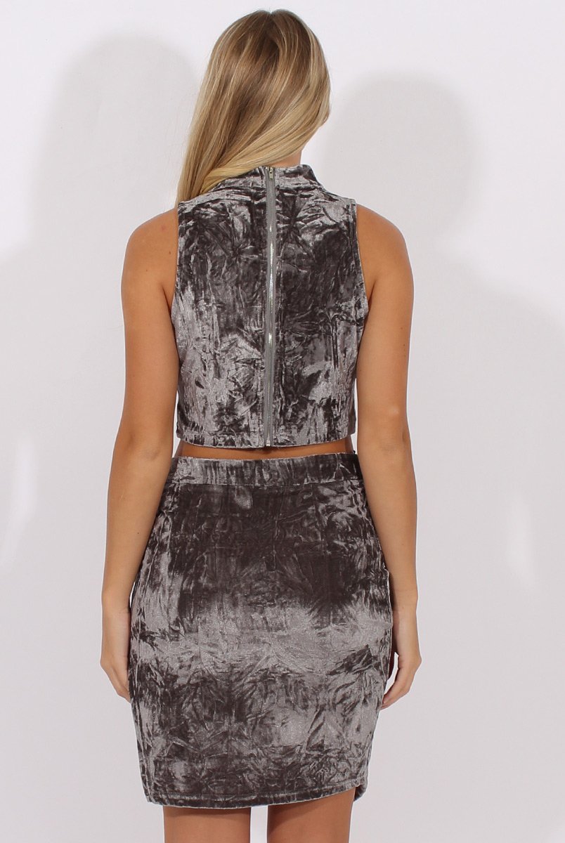 Grey Crushed Velvet High Neck Cut Out Co-ord - Melanie-Co-ords
