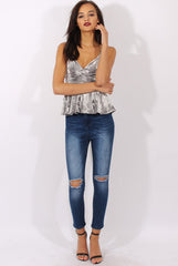 Grey Crushed Velvet Peplum Hem Top - Sissi-Tops