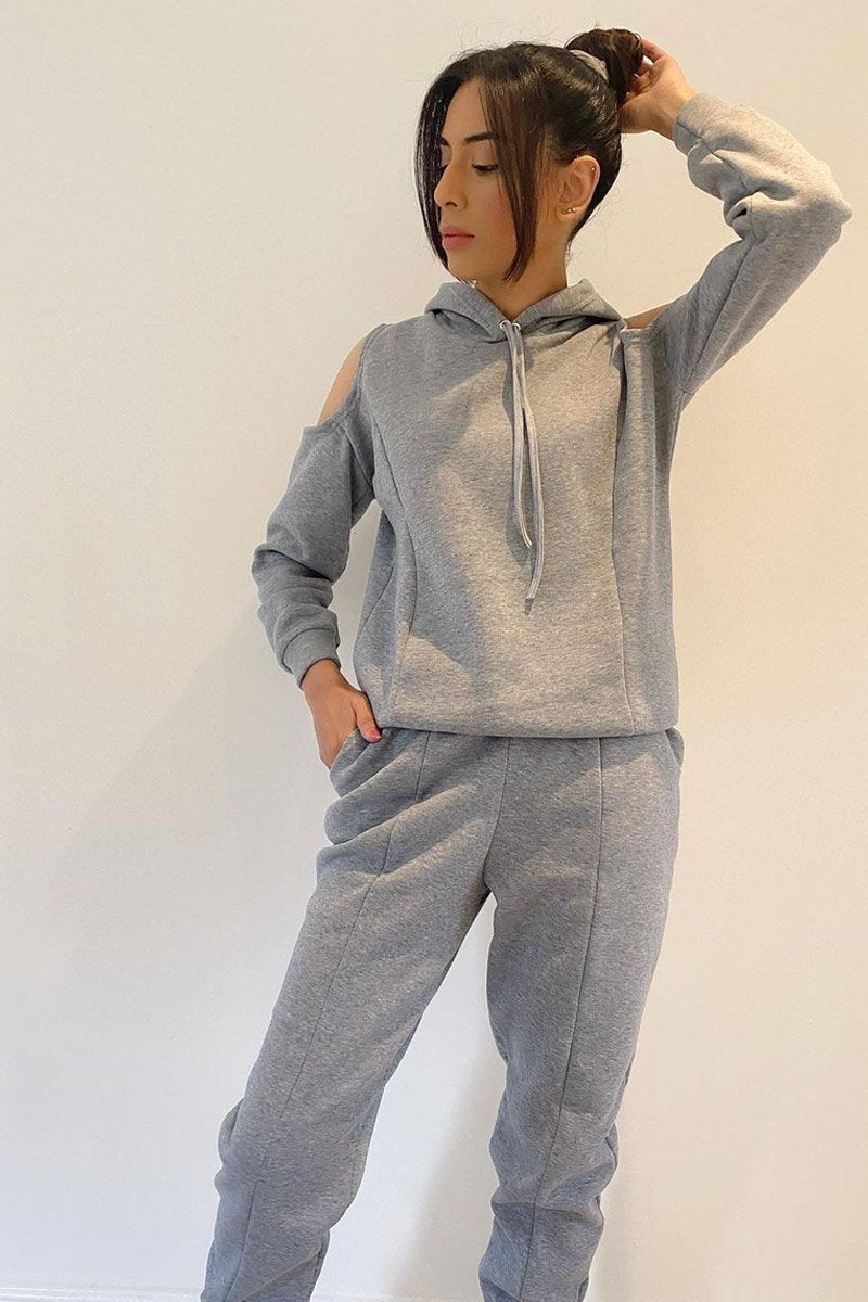 Grey Cut Out Shoulder Hoodie - Harlow-Hoodies