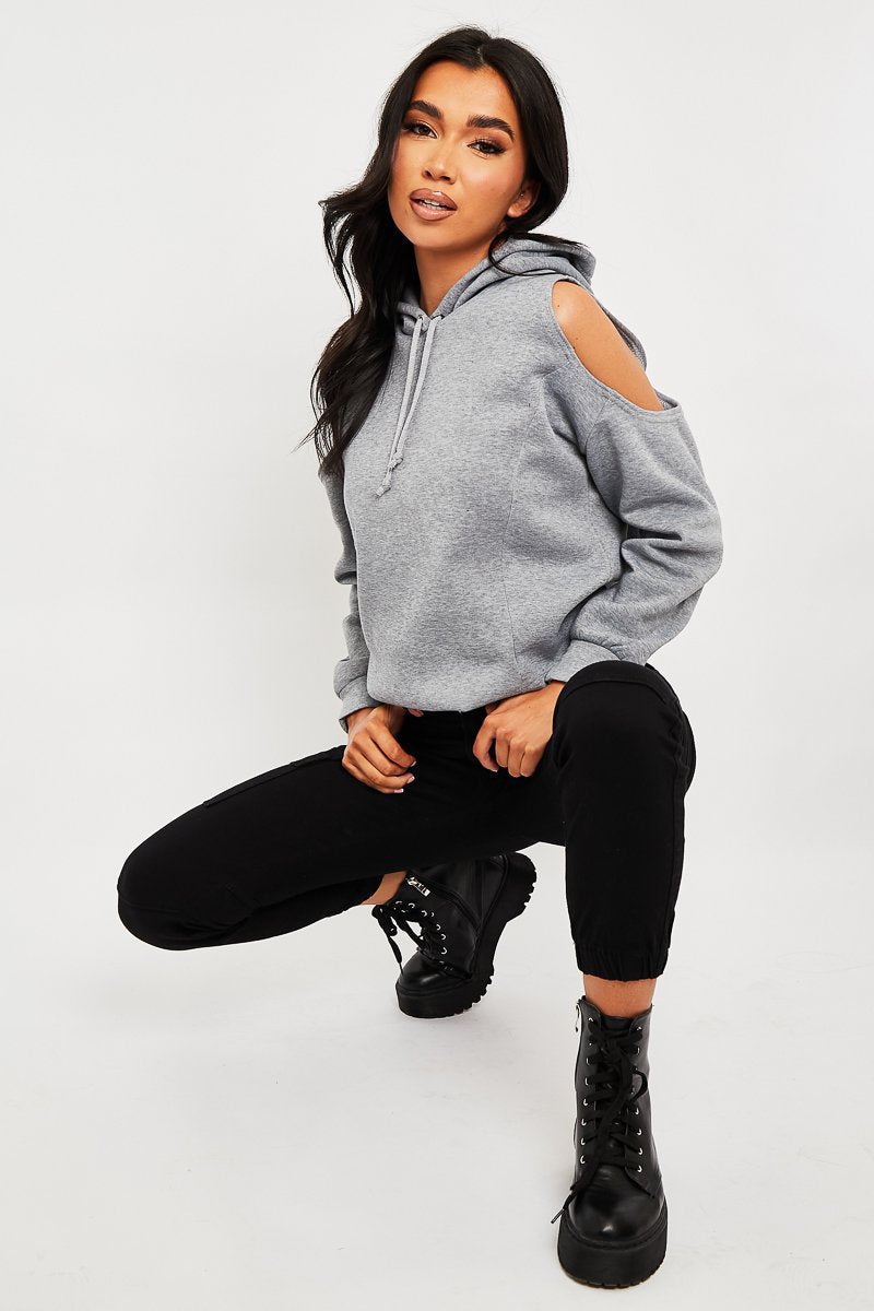 Grey Cut Out Shoulder Hoodie - Harlow-Hoodies