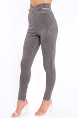 Grey Cut Out Waist Suede Leggings - Anala-Trousers