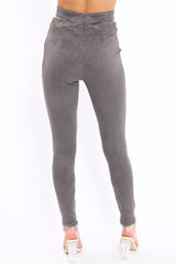 Grey Cut Out Waist Suede Leggings - Anala-Trousers