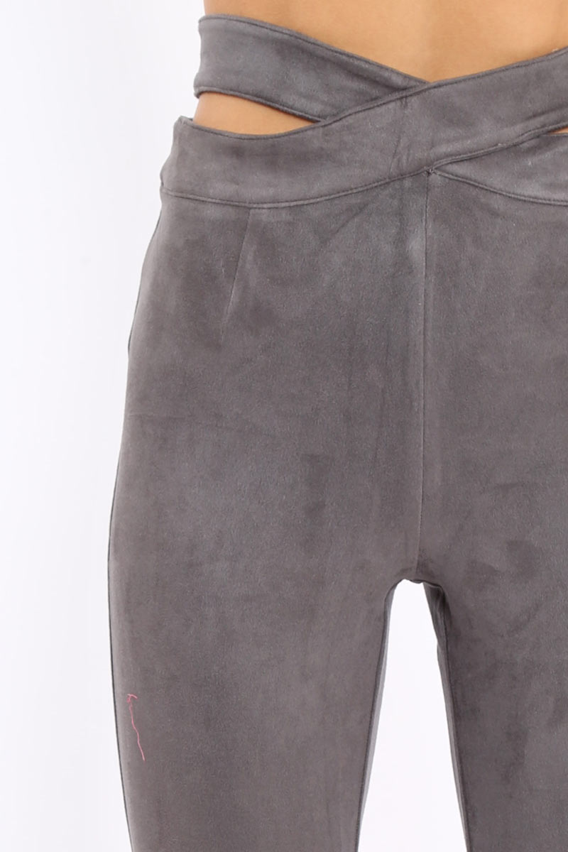 Grey Cut Out Waist Suede Leggings - Anala-Trousers