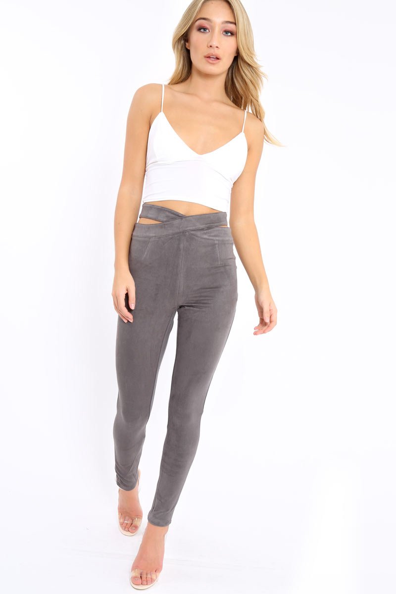 Grey Cut Out Waist Suede Leggings - Anala-Trousers