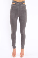 Grey Cut Out Waist Suede Leggings - Anala-Trousers