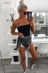 Grey Denim Extreme Rip Front Shorts - Aarya-Shorts