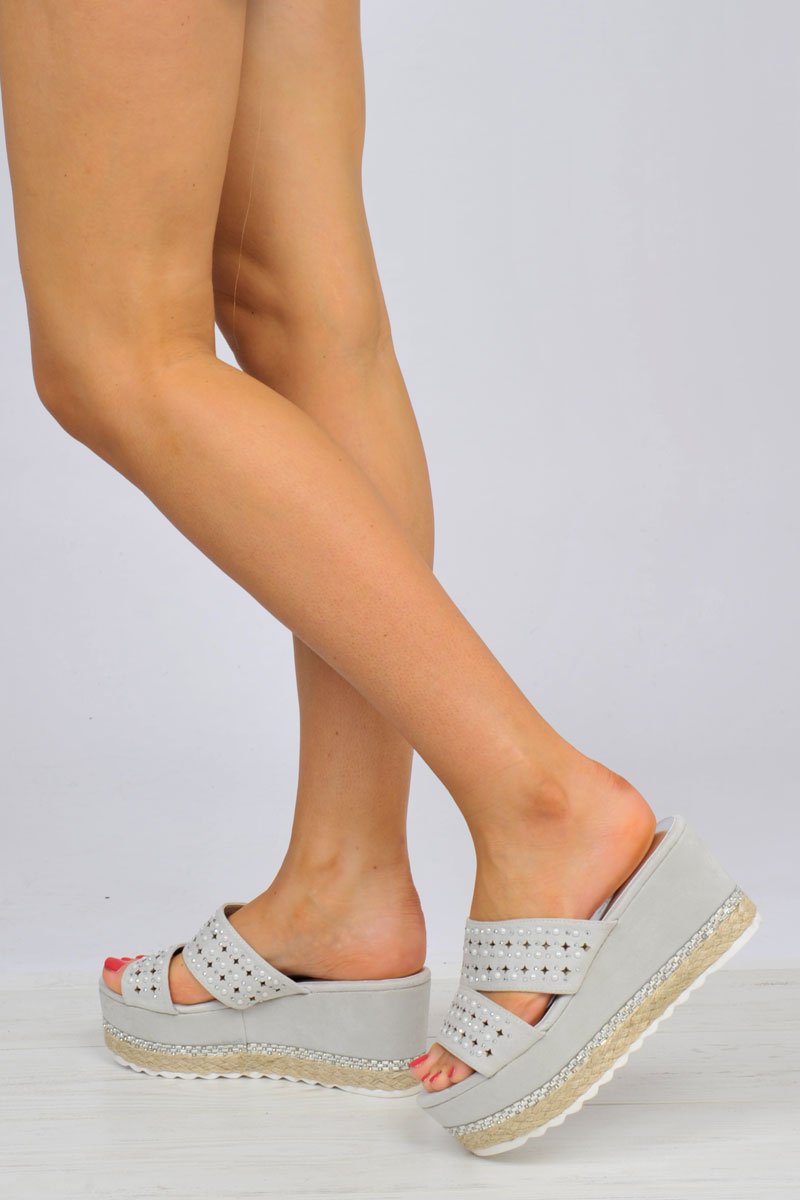 Grey Diamante Double Strap Flatform Sandals - Thang-Sliders