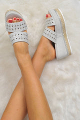 Grey Diamante Double Strap Flatform Sandals - Thang-Sliders