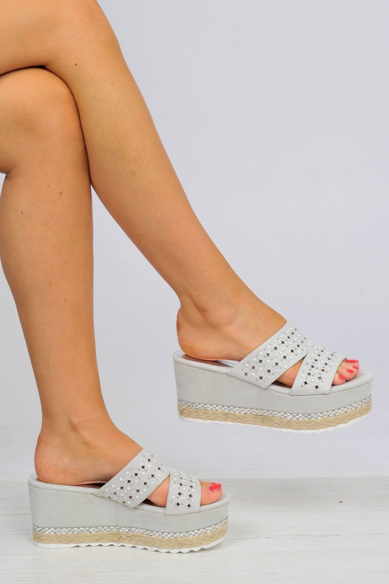 Grey Diamante Double Strap Flatform Sandals - Thang-Sliders
